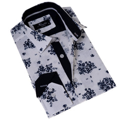 White Navy Floral Digital Men's  Slim Fit Designer Dress Shirt - - Horizon Bliss