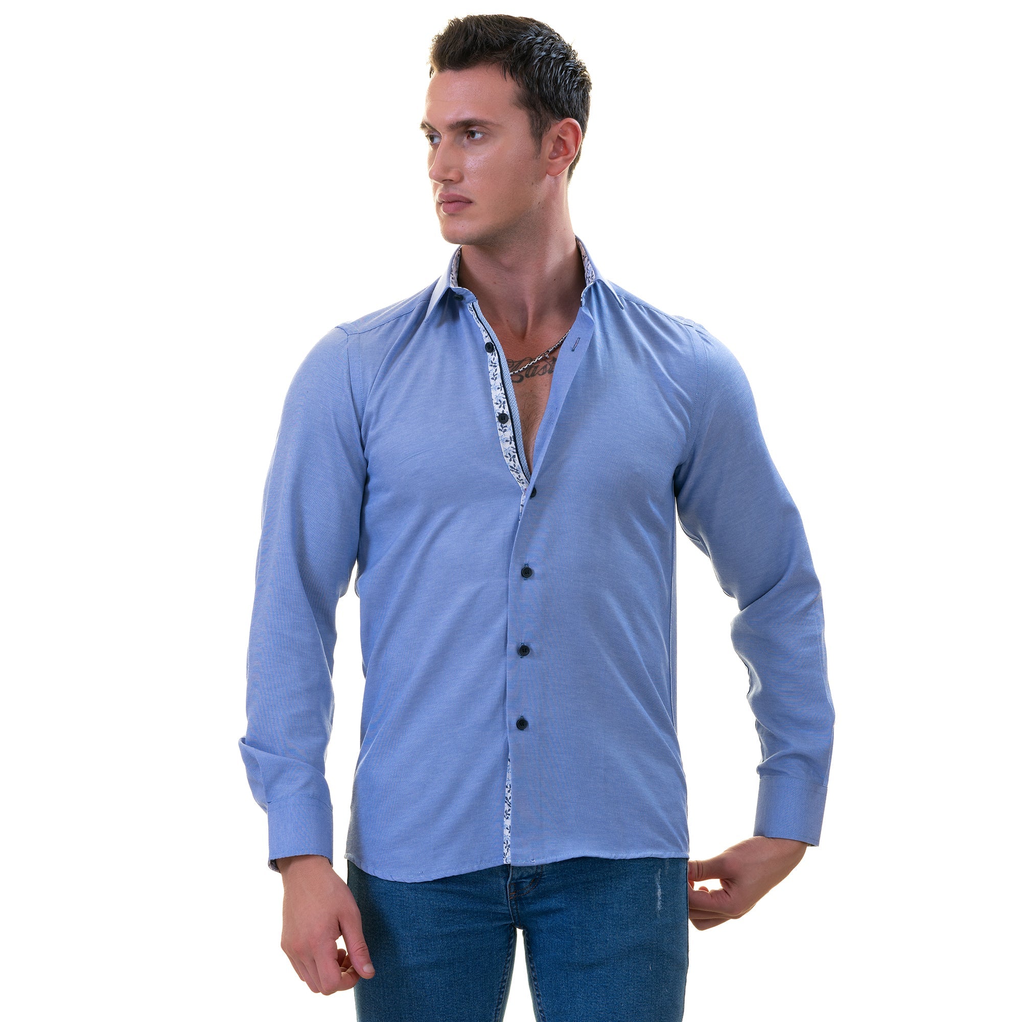 Blue inside Floral Men's  Slim Fit Designer  French Cuff Shirt - - Horizon Bliss