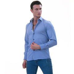 Blue inside Floral Men's  Slim Fit Designer  French Cuff Shirt - - Horizon Bliss