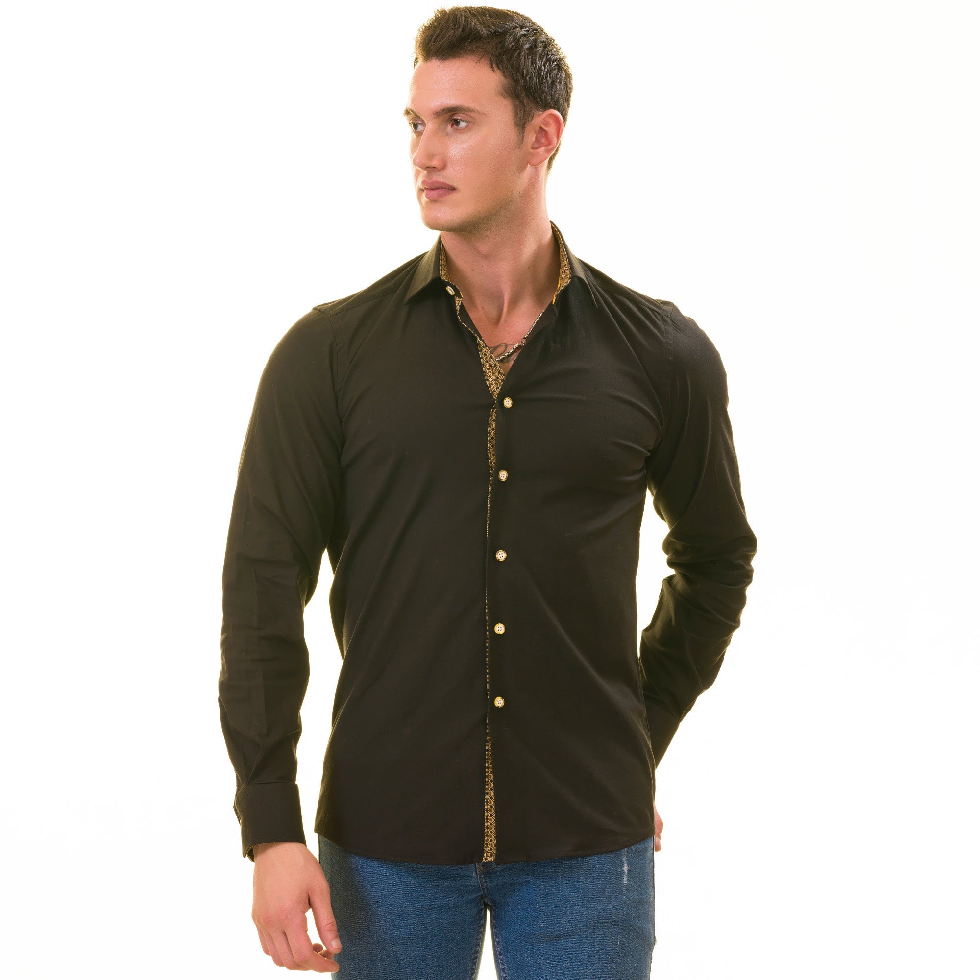 Black with inside Gold Men's Slim Fit Designer Shirt - Tailored Cotton - Horizon Bliss