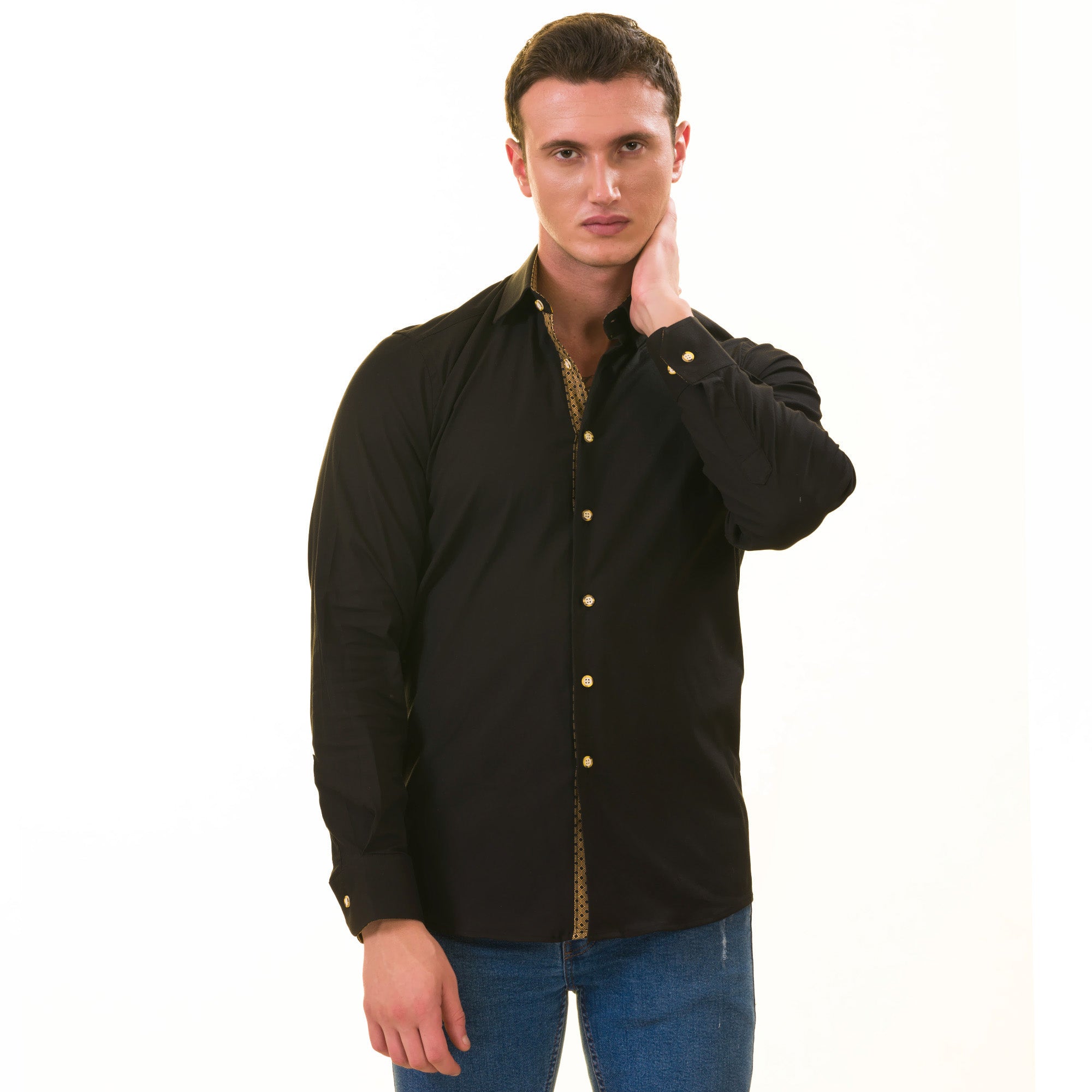 Black with inside Gold Men's Slim Fit Designer Shirt - Tailored Cotton - Horizon Bliss