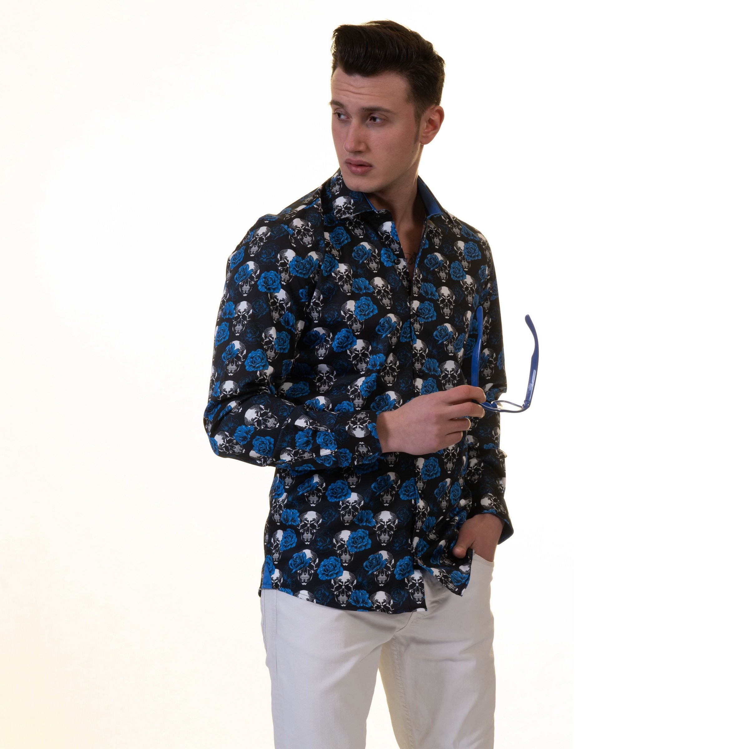 Black White Blue Skulls Mens Slim Fit Designer French Cuff Shirt - - Horizon Bliss