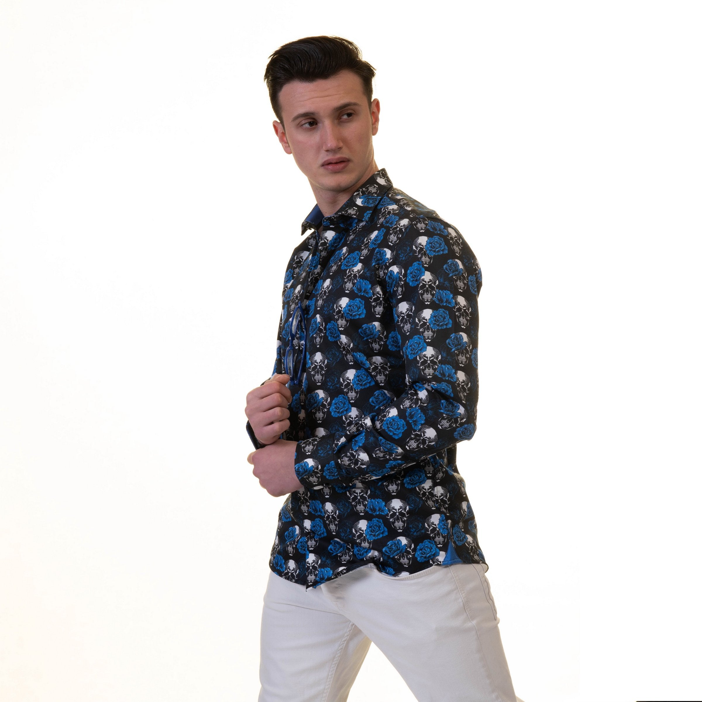 Black White Blue Skulls Mens Slim Fit Designer French Cuff Shirt - - Horizon Bliss