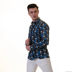 Black White Blue Skulls Mens Slim Fit Designer French Cuff Shirt - - Horizon Bliss