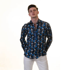 Black White Blue Skulls Mens Slim Fit Designer French Cuff Shirt - - Horizon Bliss