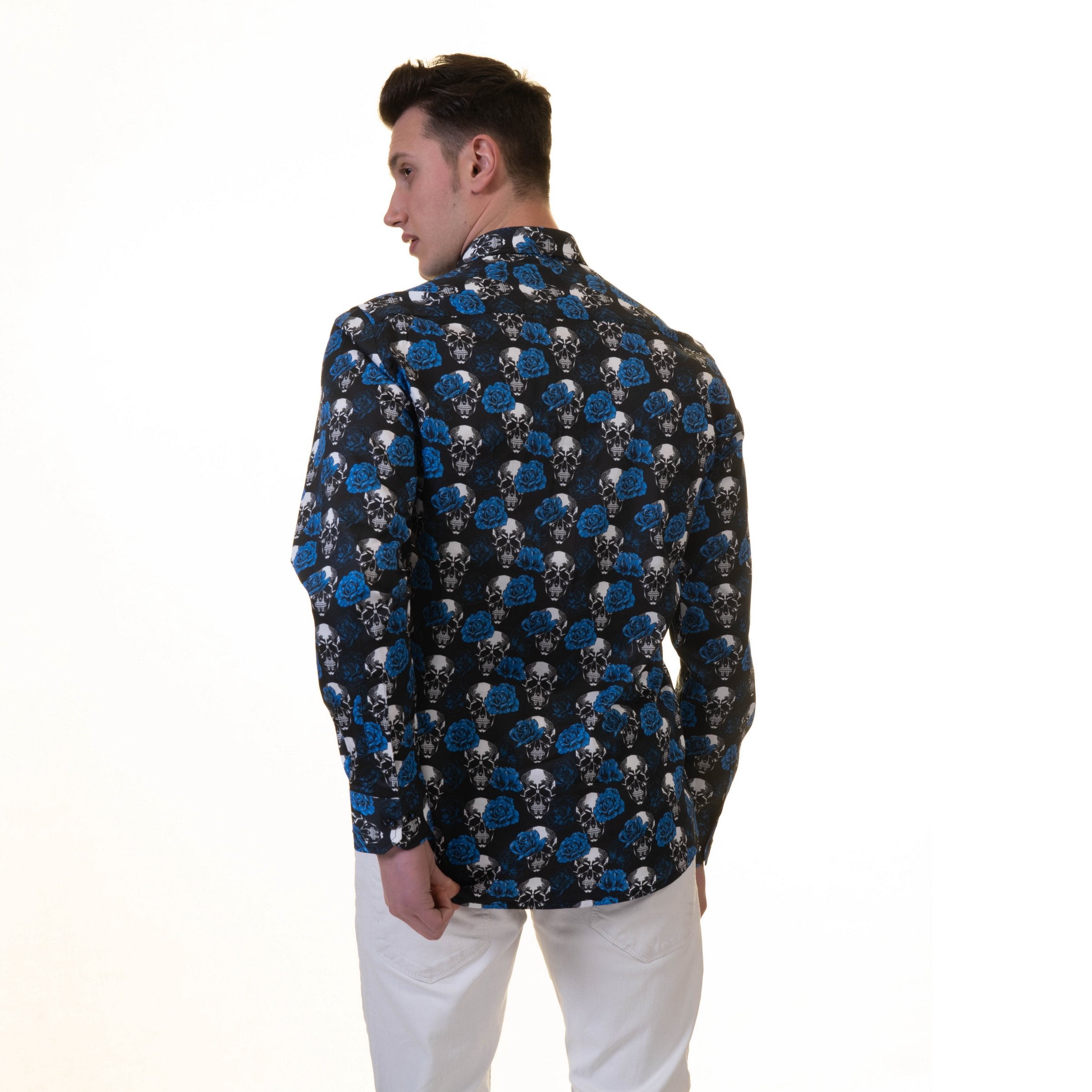 Black White Blue Skulls Mens Slim Fit Designer French Cuff Shirt - - Horizon Bliss