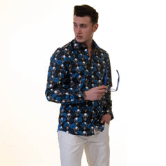 Black White Blue Skulls Mens Slim Fit Designer French Cuff Shirt - - Horizon Bliss