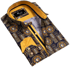 Black And Gold Greek Key Mens Slim Fit Designer Dress Shirt - tailored - Horizon Bliss