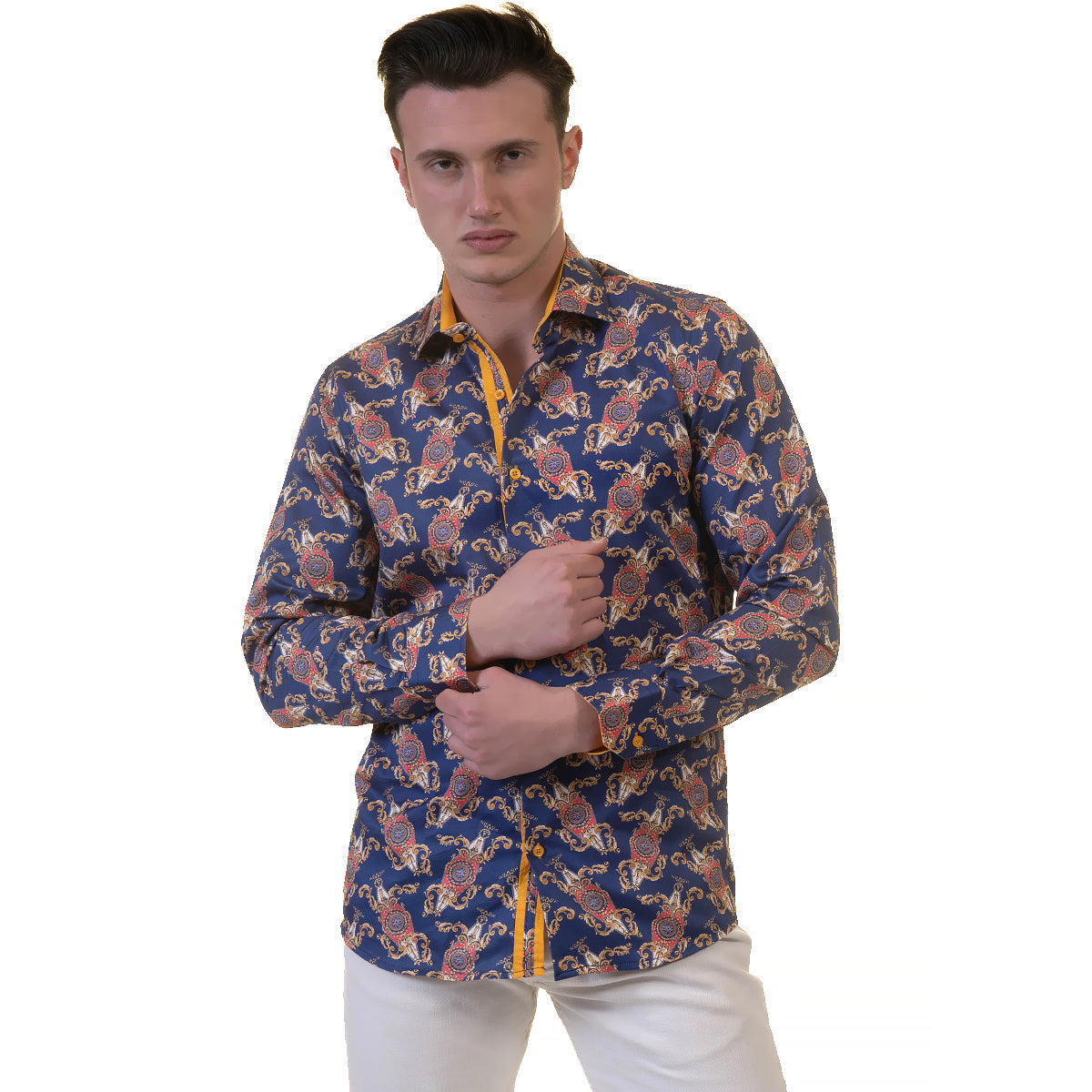 White Blue Tropical Mens Slim Fit Designer Dress Shirt - tailored - Horizon Bliss