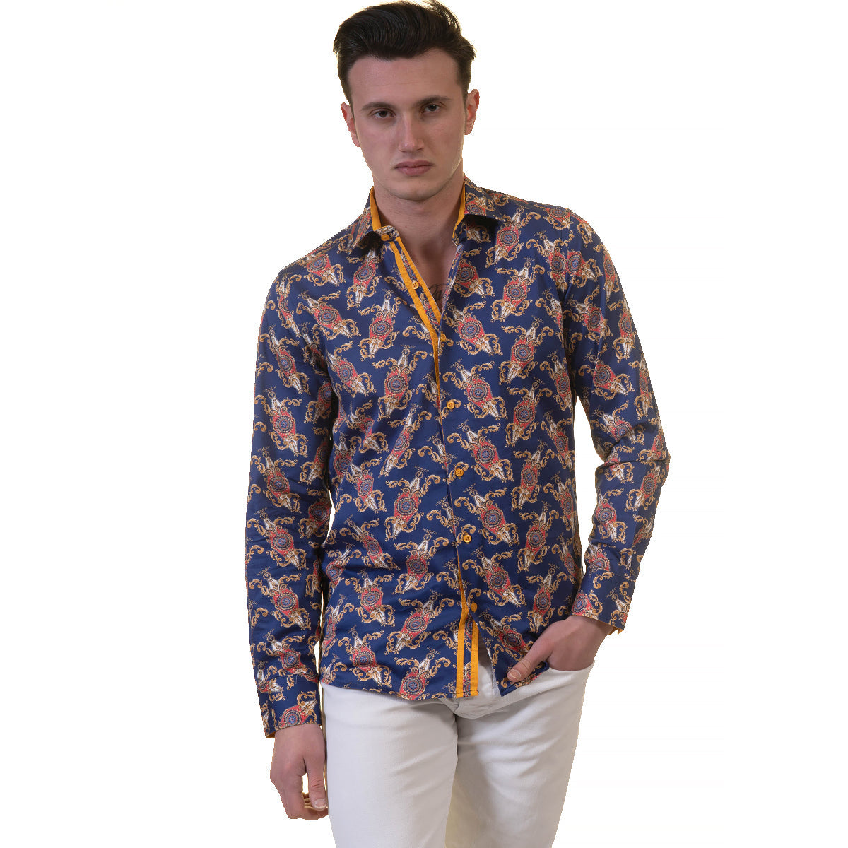 White Blue Tropical Mens Slim Fit Designer Dress Shirt - tailored - Horizon Bliss