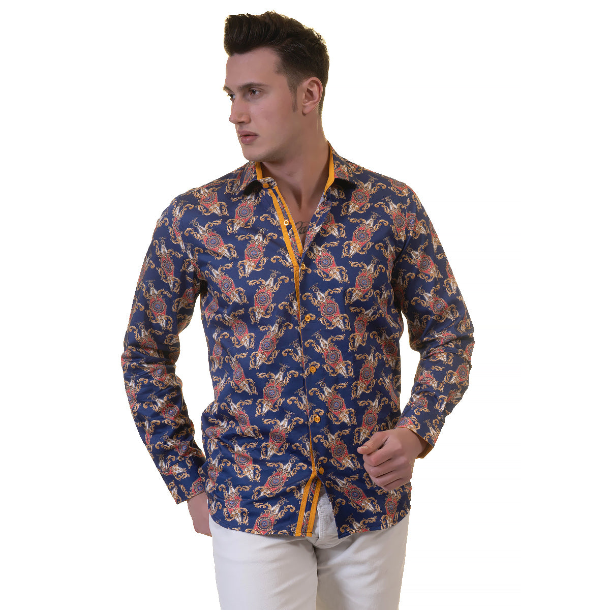 White Blue Tropical Mens Slim Fit Designer Dress Shirt - tailored - Horizon Bliss