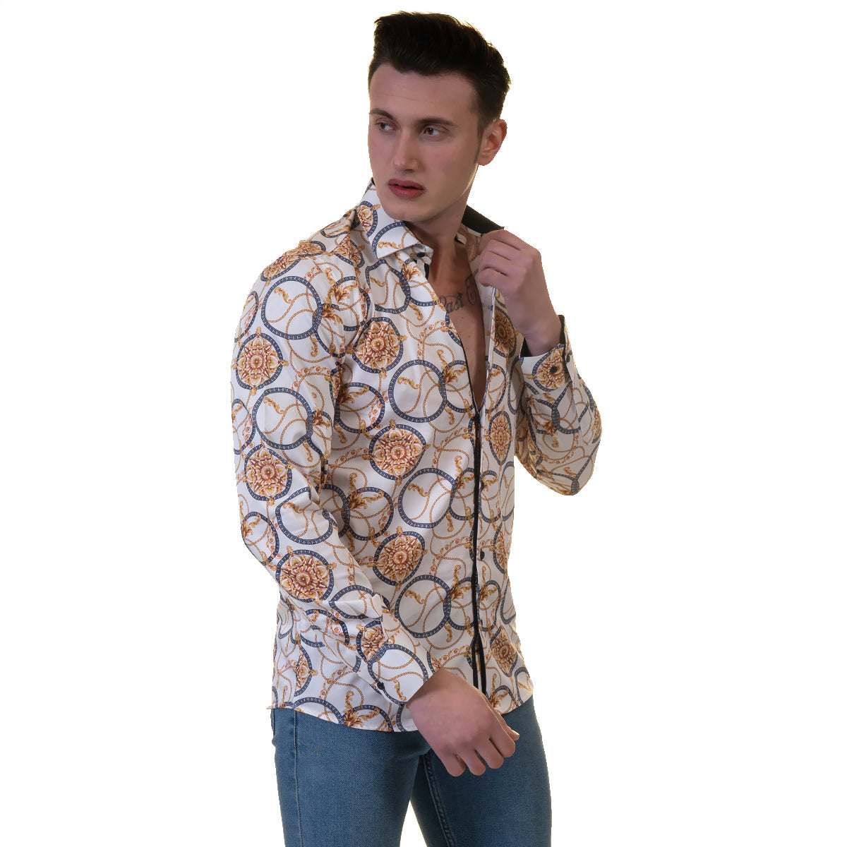 White And Gold Medusa Head Mens Slim Fit Designer Dress Shirt - - Horizon Bliss