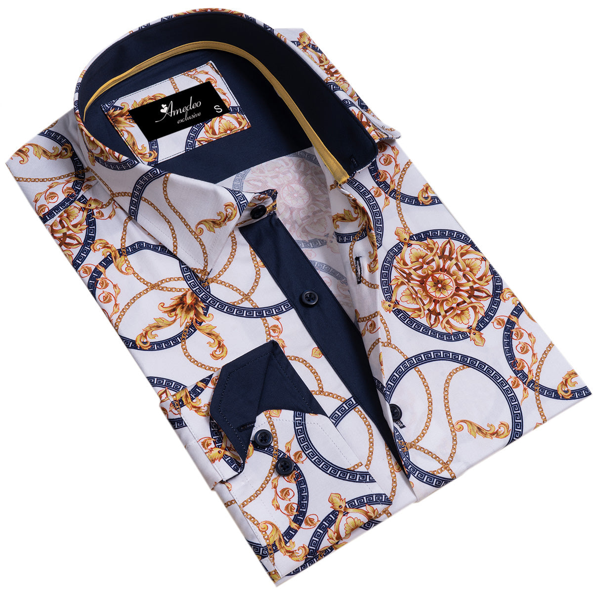 White And Gold Medusa Head Mens Slim Fit Designer Dress Shirt - - Horizon Bliss