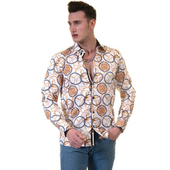 White And Gold Medusa Head Mens Slim Fit Designer Dress Shirt - - Horizon Bliss