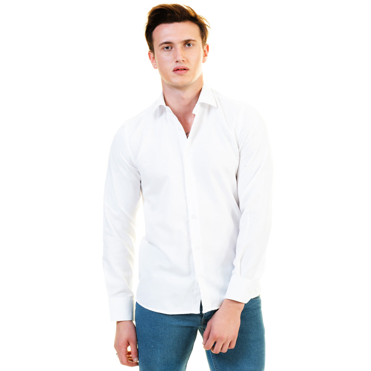 Solid White Mens Slim Fit Designer Dress Shirt - Tailored Cotton - Horizon Bliss