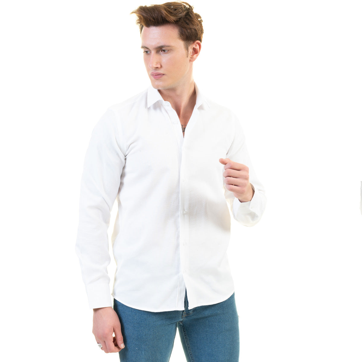 Solid White Mens Slim Fit Designer Dress Shirt - Tailored Cotton - Horizon Bliss