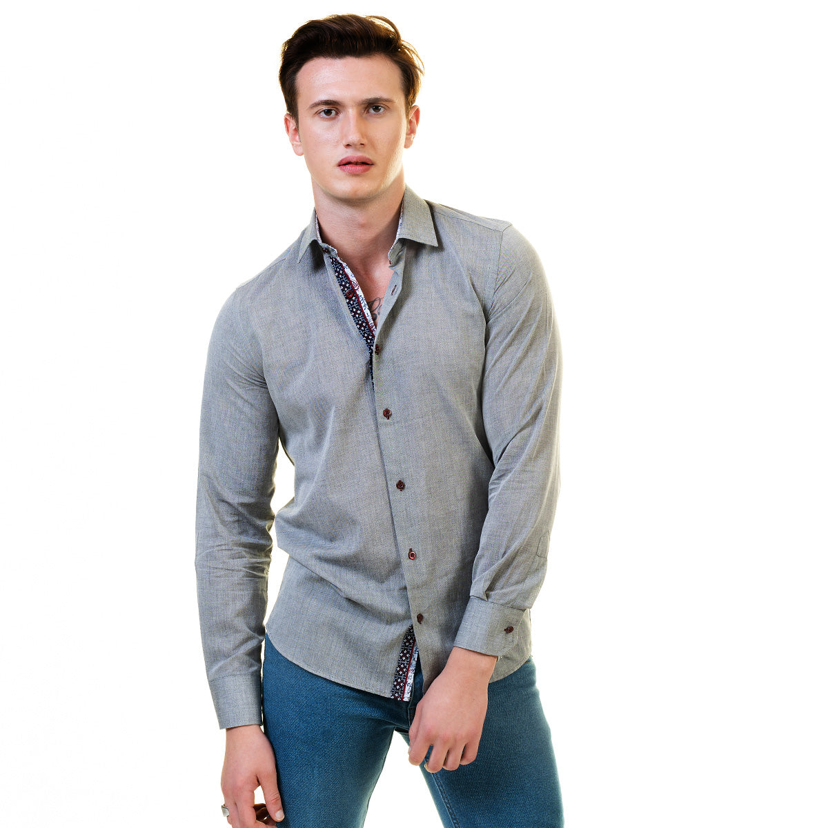 Pastel Grey Mens Slim Fit Designer Dress Shirt - Tailored Cotton - Horizon Bliss