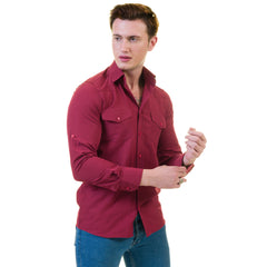 Dark Maroon Mens Slim Fit Designer Dress Shirt - tailored Cotton - Horizon Bliss