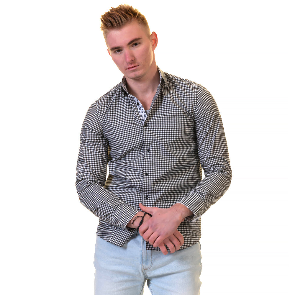 Black White Checkered with Light Blue Floral Mens Slim Fit Designer - Horizon Bliss