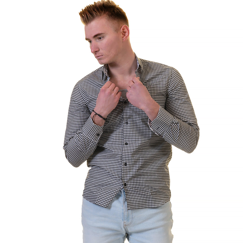 Black White Checkered with Light Blue Floral Mens Slim Fit Designer - Horizon Bliss