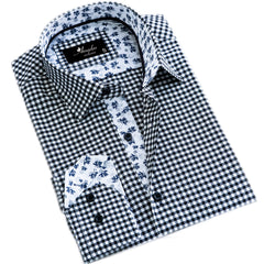 Black White Checkered with Light Blue Floral Mens Slim Fit Designer - Horizon Bliss