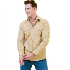 Solid Tan Safari Mens Slim Fit Designer Dress Shirt - tailored Cotton - Horizon Bliss