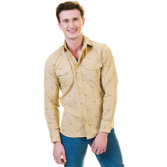 Solid Tan Safari Mens Slim Fit Designer Dress Shirt - tailored Cotton - Horizon Bliss