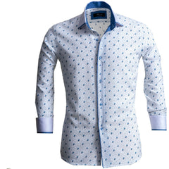 White & Light Blue Mens Slim Fit Designer Dress Shirt - tailored - Horizon Bliss