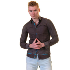 Chocolate Brown and Turqouise Blue Mens Slim Fit Designer Dress Shirt - Horizon Bliss