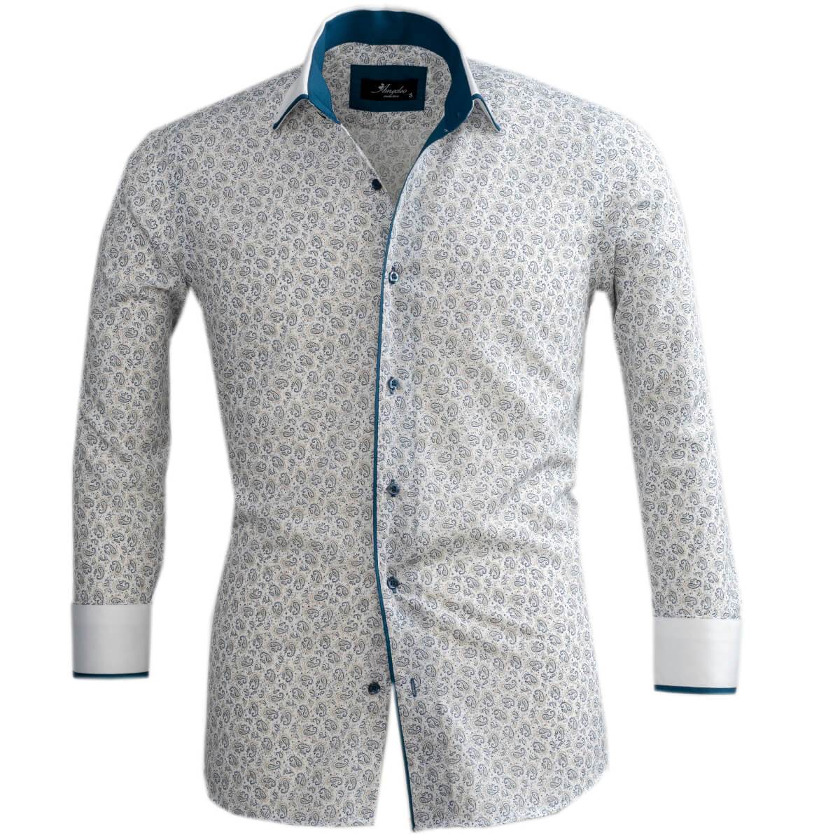 White Blue Paisley Mens Slim Fit Designer Dress Shirt - tailored - Horizon Bliss