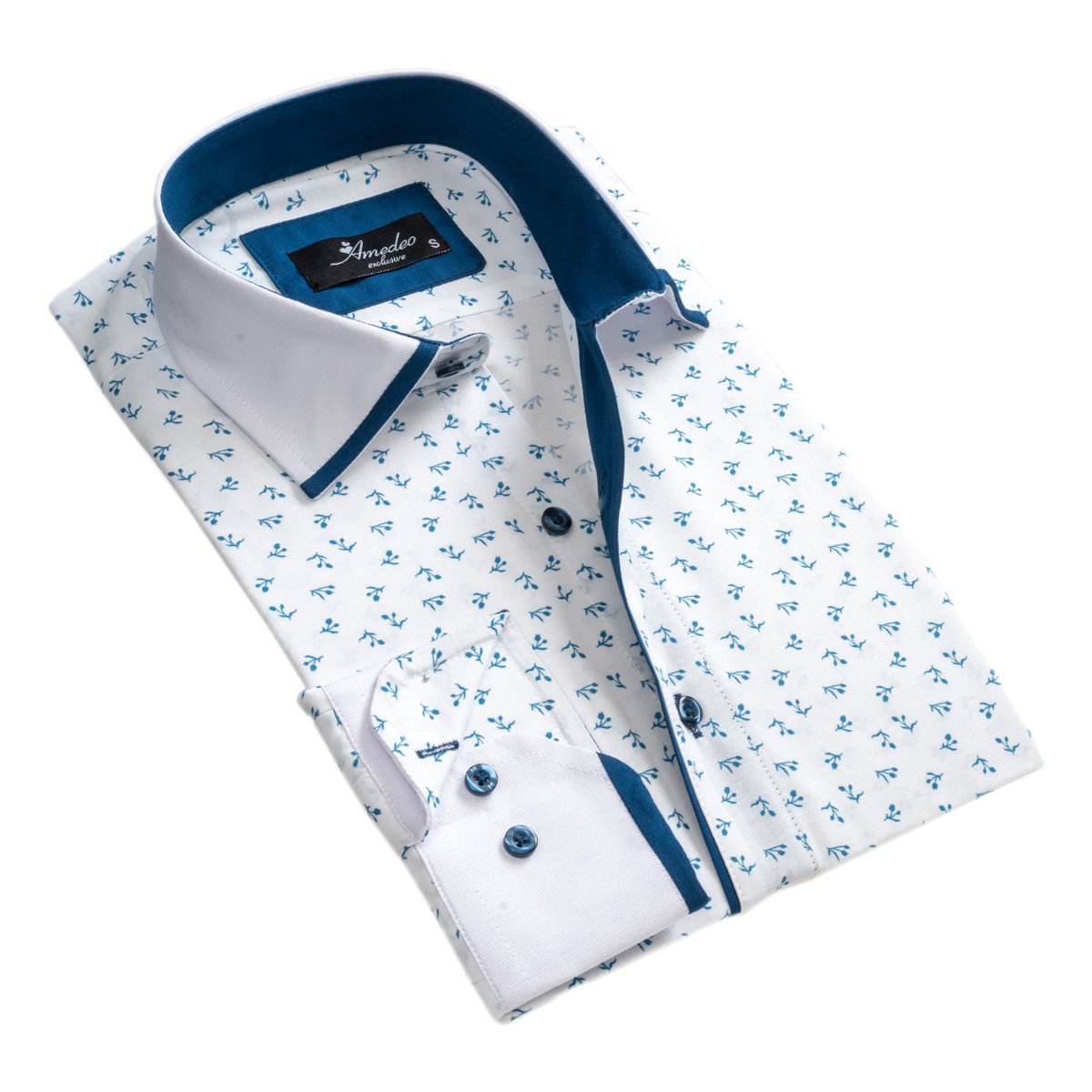 White Blue Floral Mens Slim Fit Designer Dress Shirt - tailored Cotton - Horizon Bliss