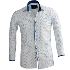 White Blue Floral Mens Slim Fit Designer Dress Shirt - tailored Cotton - Horizon Bliss