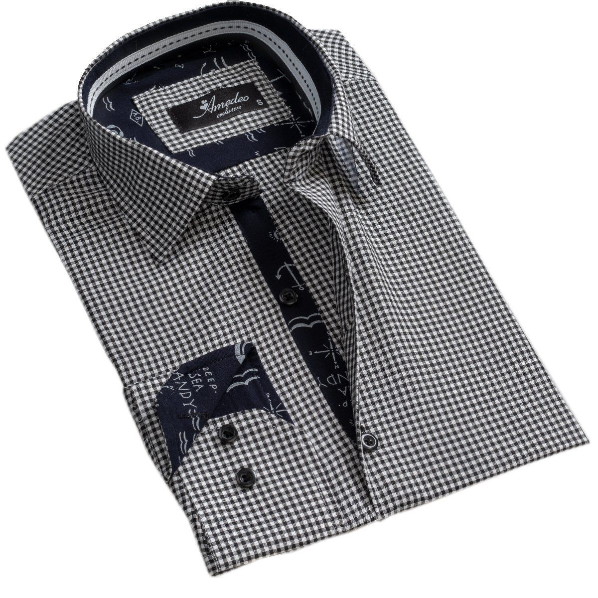 Black White Checkers Mens Slim Fit Designer French Cuff Shirt - - Horizon Bliss