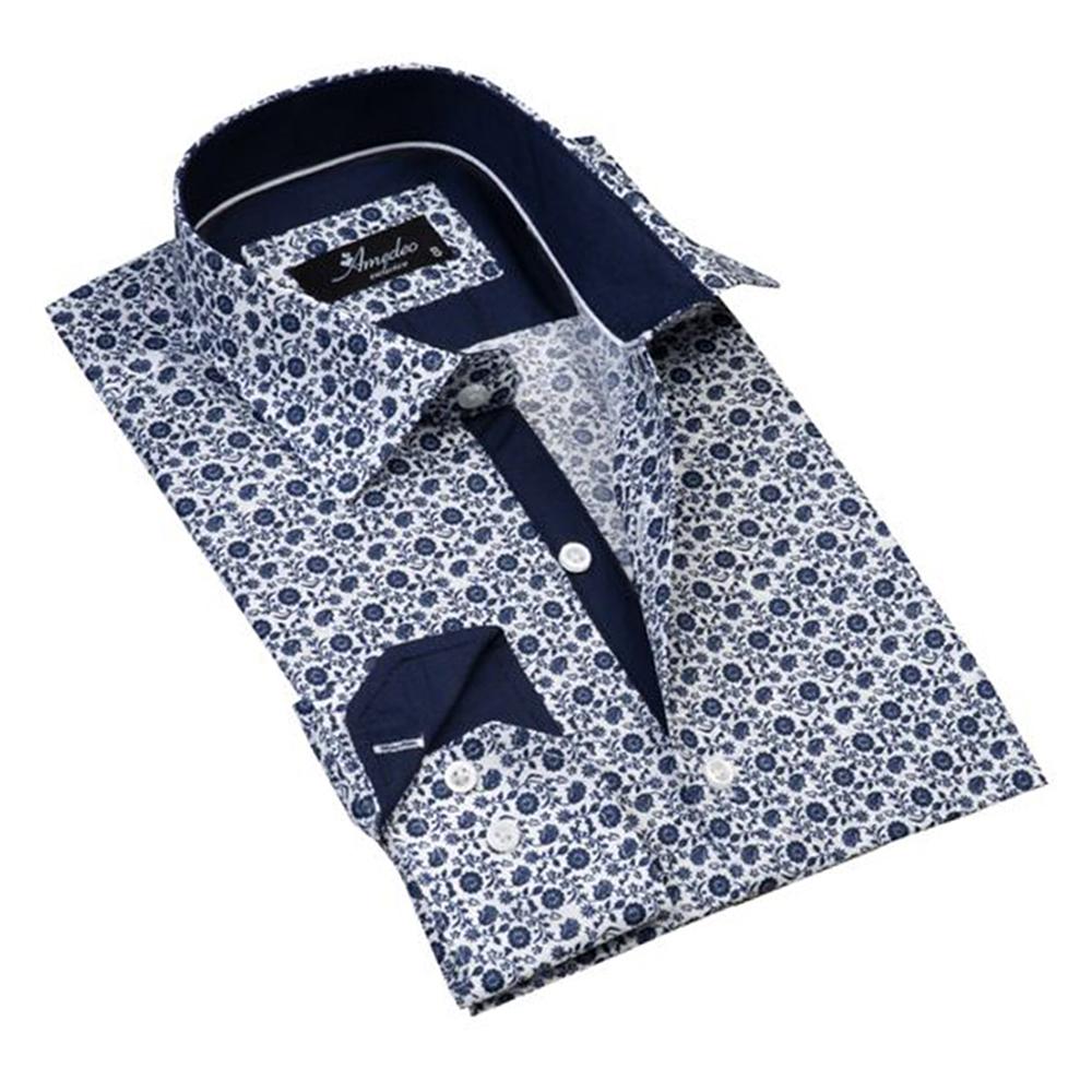 White with Blue Floral Mens Slim Fit Designer Dress Shirt - tailored - Horizon Bliss