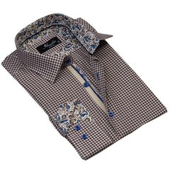 Brown White Checkered Mens Slim Fit Designer Dress Shirt - tailored - Horizon Bliss