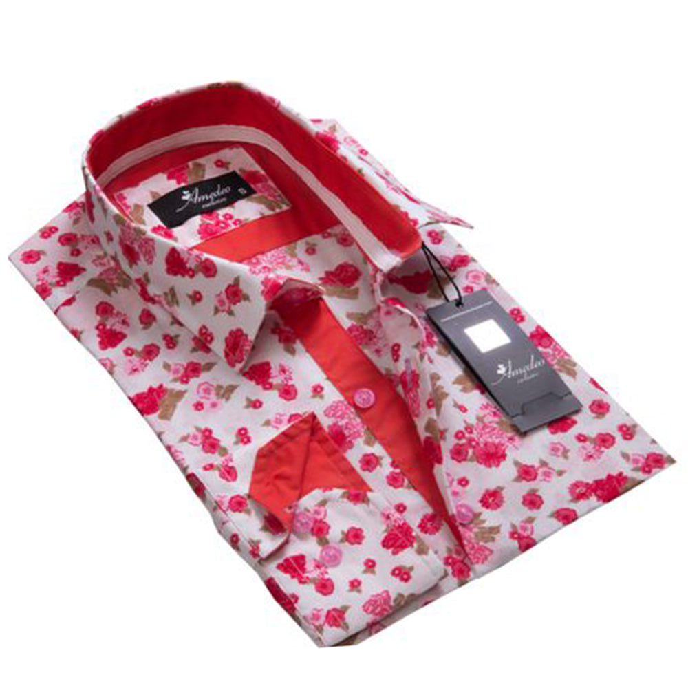 White Red Floral Mens Slim Fit Designer Dress Shirt - tailored Cotton - Horizon Bliss