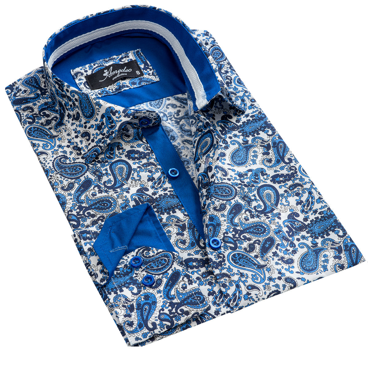 White Blue Paisley Mens Slim Fit Designer Dress Shirt - tailored - Horizon Bliss