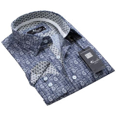 Navy Blue with White Paisley Mens Slim Fit Designer Dress Shirt - - Horizon Bliss