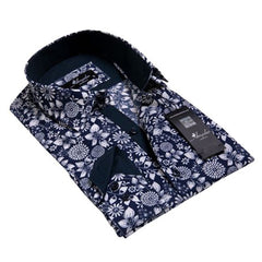 Navy Blue White Floral Mens Slim Fit Designer Dress Shirt - tailored - Horizon Bliss