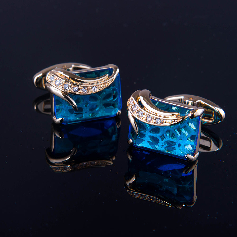 Gold + Light Blue Mens Stainless Steel Squares Cufflinks for Shirt - Horizon Bliss