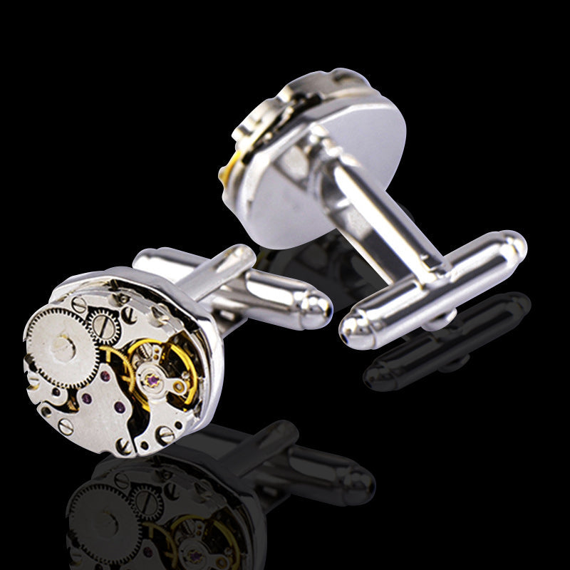 Silver Mens Stainless Steel Functioning Movement Cufflinks for Shirt - Horizon Bliss