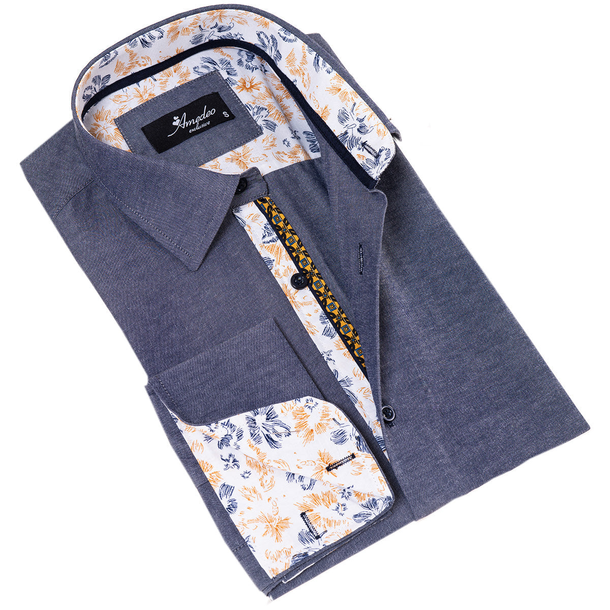 Bluish inside Floral Mens Slim Fit Designer French Cuff Shirt - - Horizon Bliss