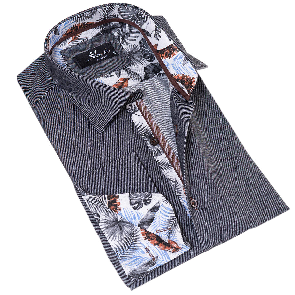 Gray inside Tropical Printed Mens Slim Fit Designer French Cuff Shirt - Horizon Bliss