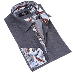 Gray inside Tropical Printed Mens Slim Fit Designer French Cuff Shirt - Horizon Bliss