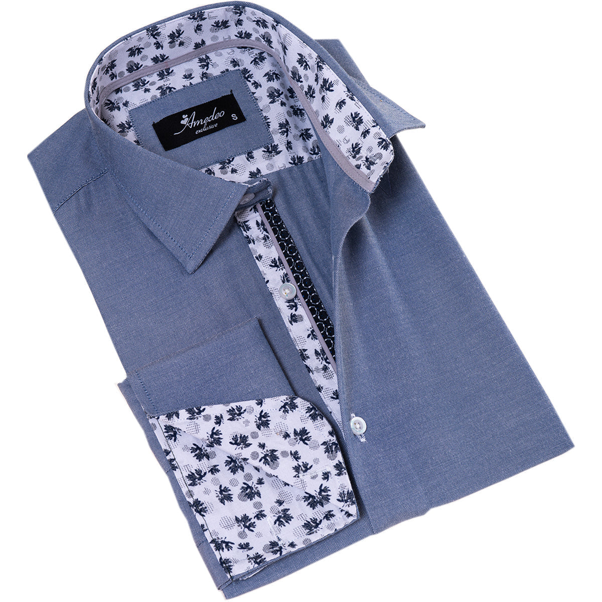 Grayish inside Floral Mens Slim Fit Designer French CuffShirt - - Horizon Bliss