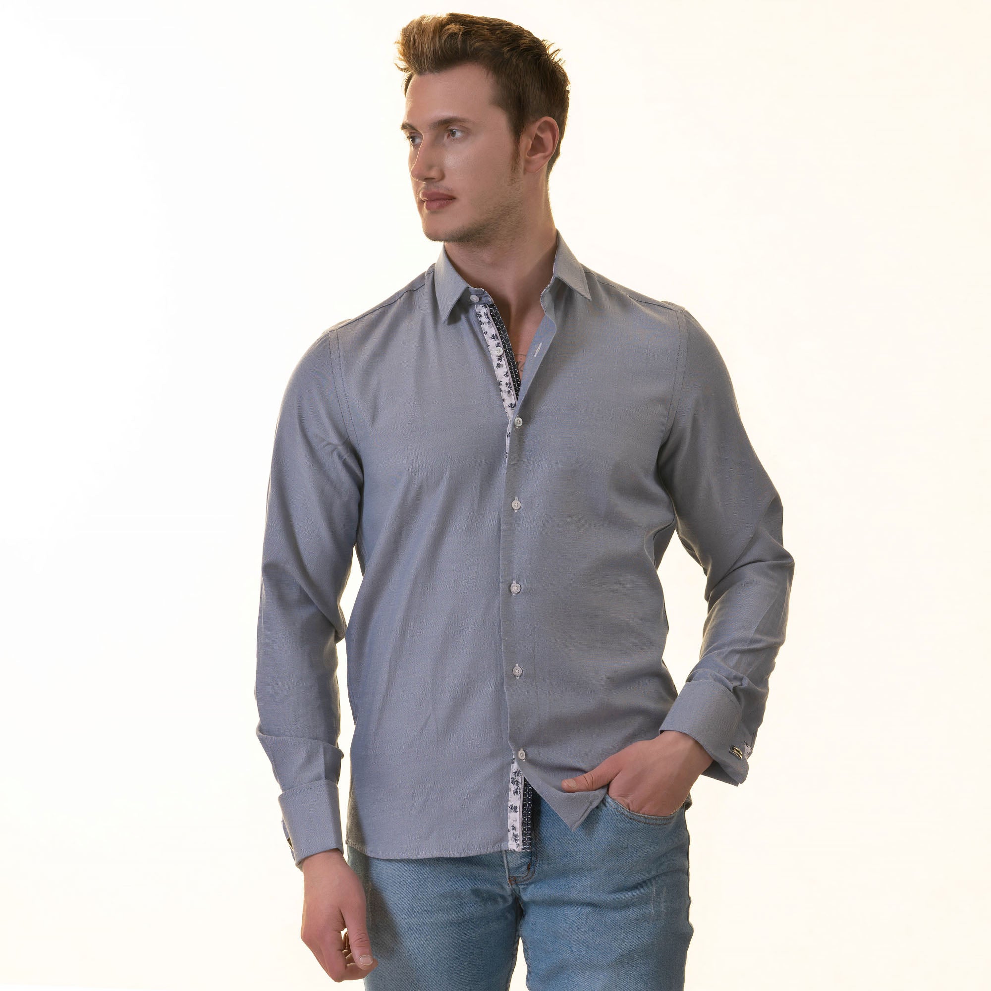 Grayish inside Floral Mens Slim Fit Designer French CuffShirt - - Horizon Bliss