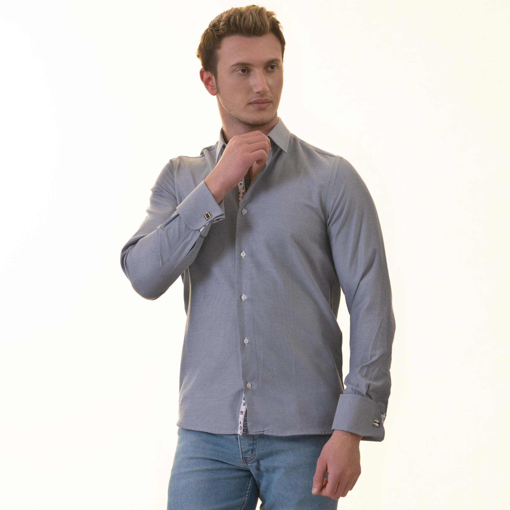 Grayish inside Floral Mens Slim Fit Designer French CuffShirt - - Horizon Bliss