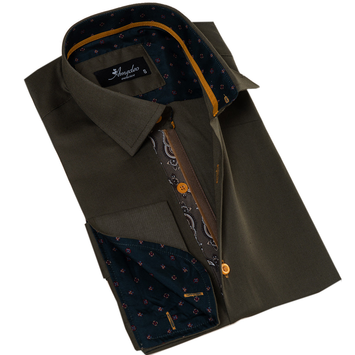 Green inside Paisley Printed Mens Slim Fit Designer French Cuff Shirt - Horizon Bliss