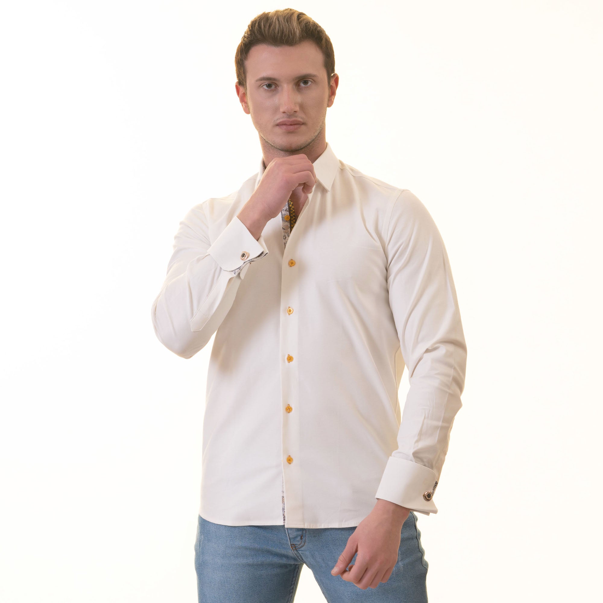 White inside Floral Mens Slim Fit Designer French Cuff Shirt - - Horizon Bliss