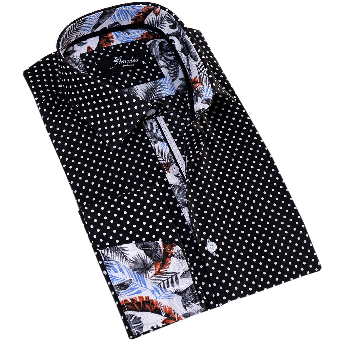 White Black Polka Dot inside Tropical Mens Slim Fit Designer French - Horizon Bliss